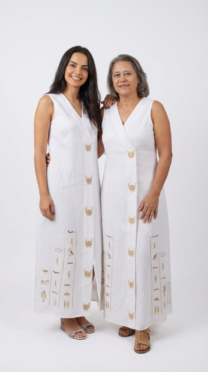 Hathor Fully Embroidered Linen Dress - Hiéroglyphes Quotidiens