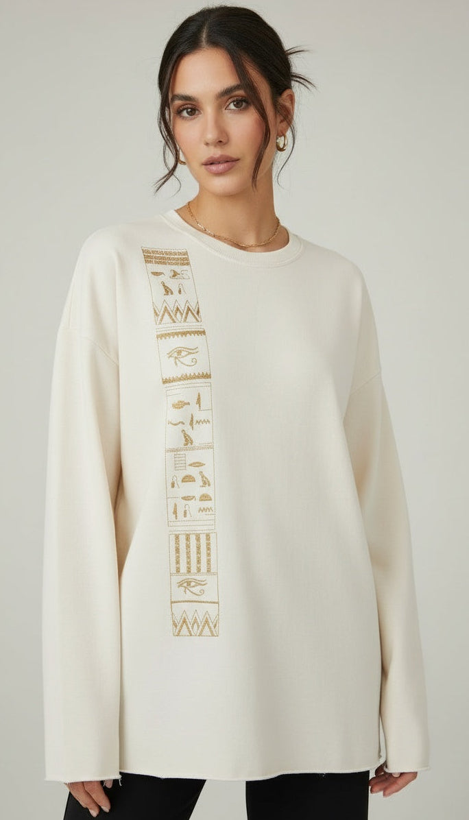 Full-On Vertical Eye of Horus Sweatshirt in Off White