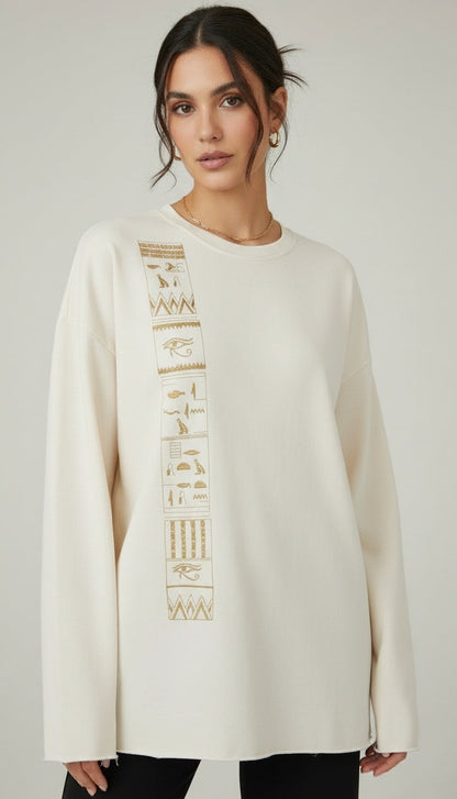 Full-On Vertical Eye of Horus Sweatshirt in Off White