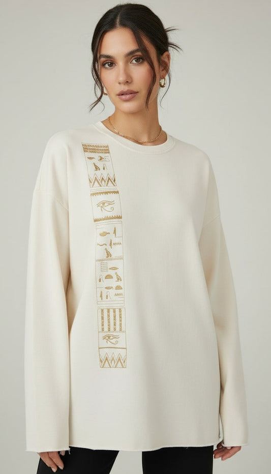 Full-On Vertical Eye of Horus Sweatshirt in Off White
