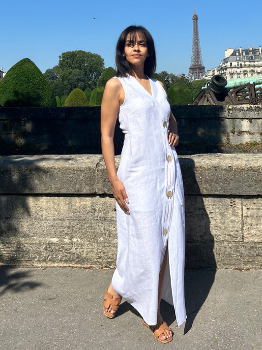 Hathor Embroidered Linen Envelope Dress - Hiéroglyphes Quotidiens